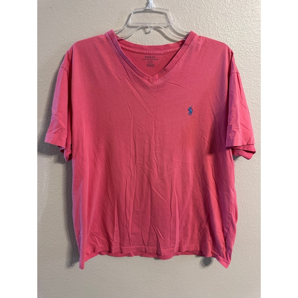 Polo Ralph Lauren V-Neck T-Shirt Pony Logo Casual Top Pink Large